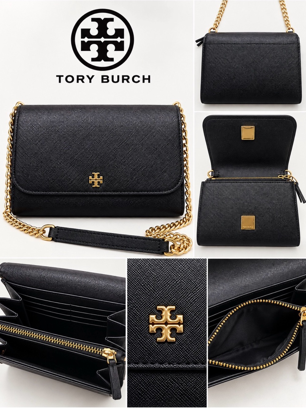 Tory Burch Black Saffiano Leather Chain Wallet with Gold Hardware